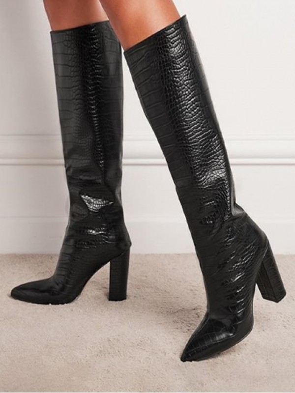 Embossed Chunky Heel Knee High Boots