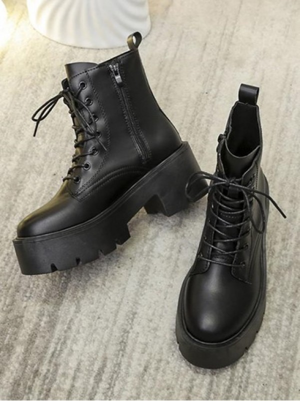 British Style Lace-up Front Chunky Heel Boots