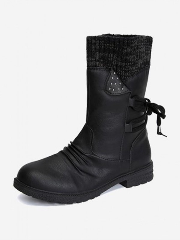 Retro Knitted Spliced Design Back Lace-up Fleece-lined Calf Boots