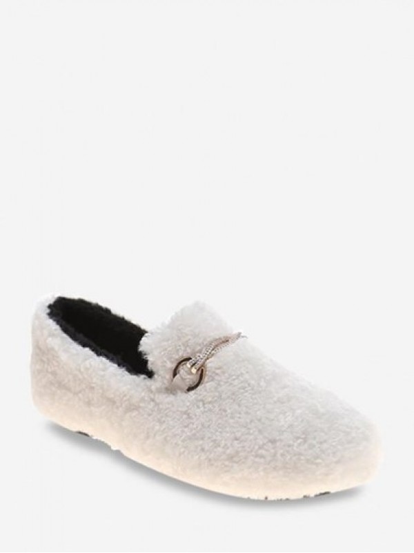 Round Toe Rhinestone Embellished Chain Fuzzy Shoes