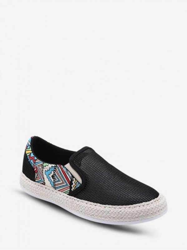 Slip-On Graphic Print Mesh And Straw Decor Shoes