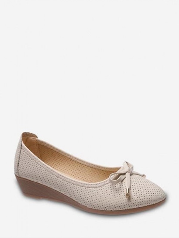 Almond Toe Bowknot Slip-On Low Wedge Heel Shoes