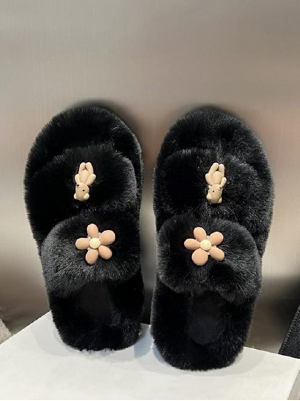 Fluffy Floral Bear Patched Open Toe Slippers