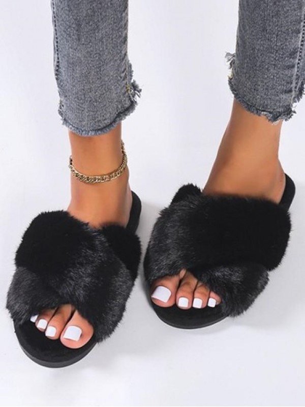 Criss Cross Fluffy Open Toe Slippers