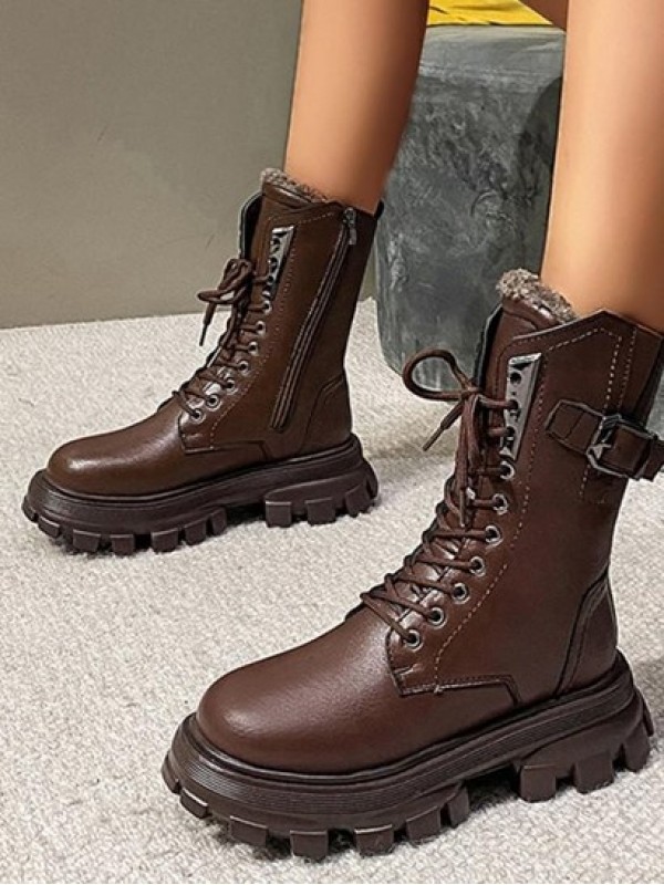 Buckle Back Lace Up Zipper Side Chunky Combat Boots