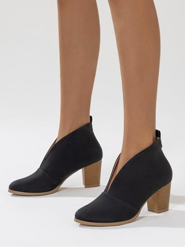 Chunky Heel V Cutout Ankle Boots