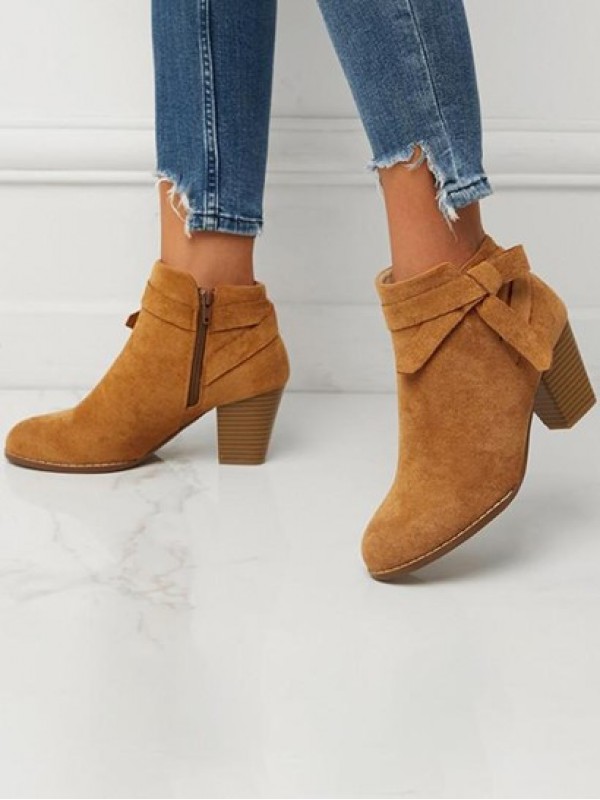 Faux Suede Bow Decor Chunky Heel Ankle Boots