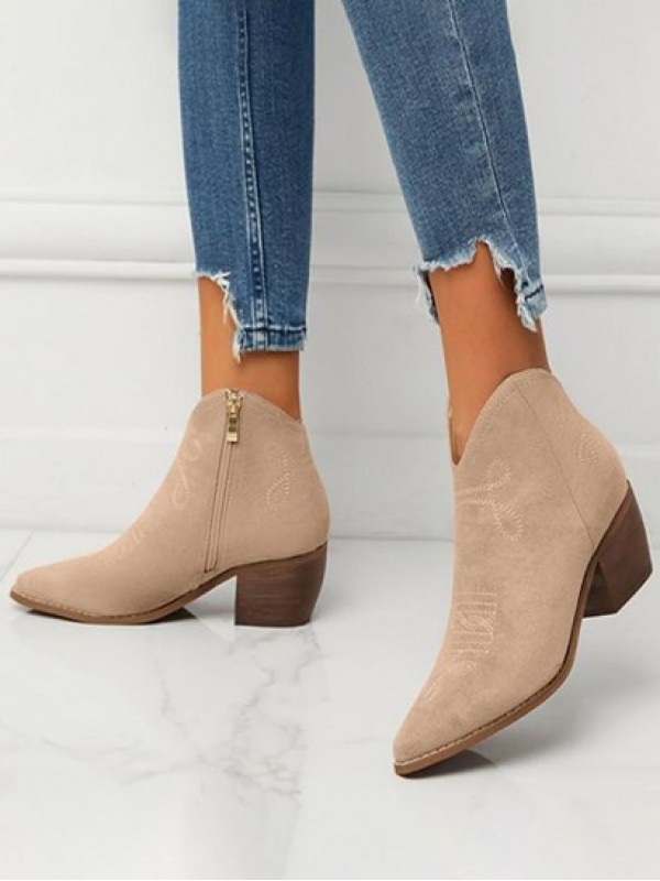 Faux Suede Topstitching Detail Chunky Heel Ankle Boots