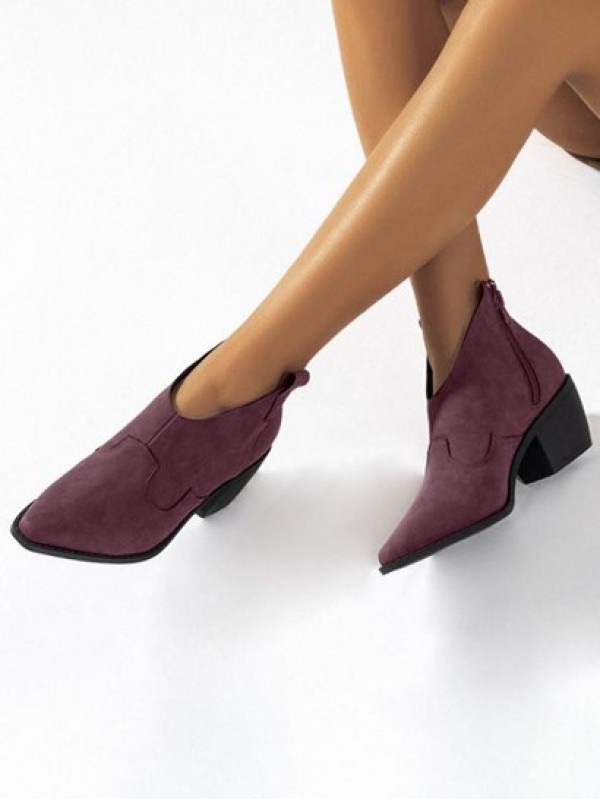 Chunky Heel Pointed Toe V Cut Ankle Boots