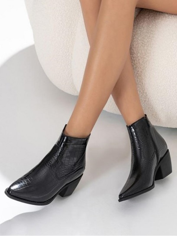 Chunky Heel Embossed Pointed Toe Ankle Boots