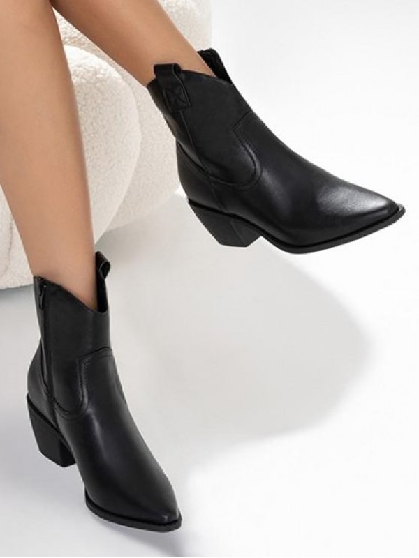 Pointed Toe Chunky Heel Western Ankle Boots