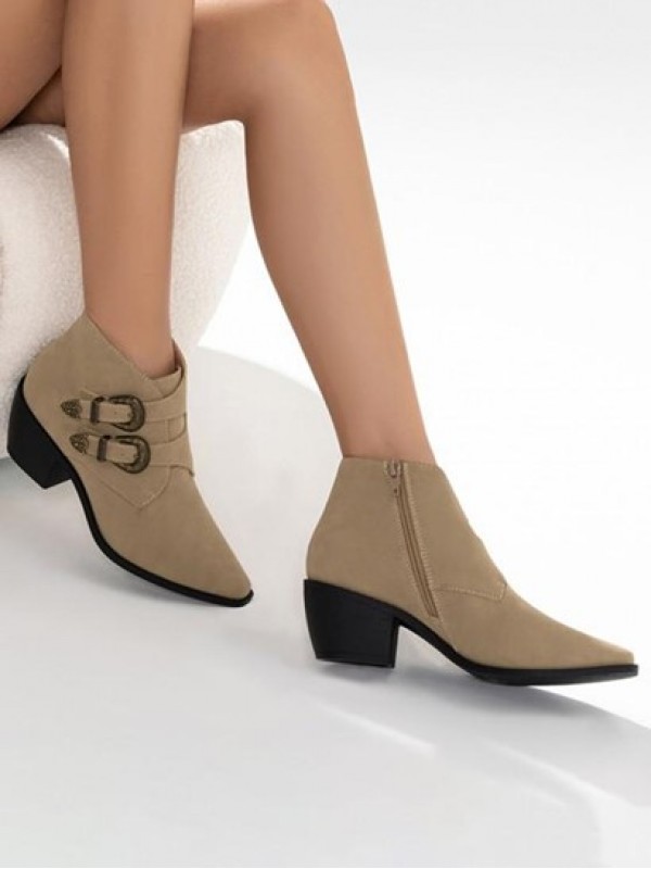 Faux Suede Buckle Decor Chunky Heel Ankle Boots