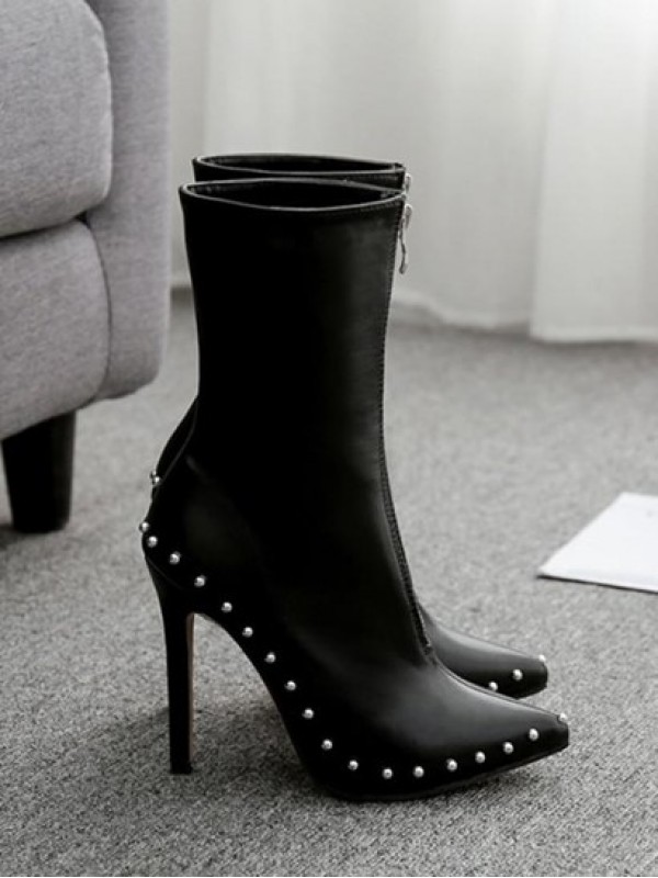 Zip Front Studded Stiletto Heel Boots