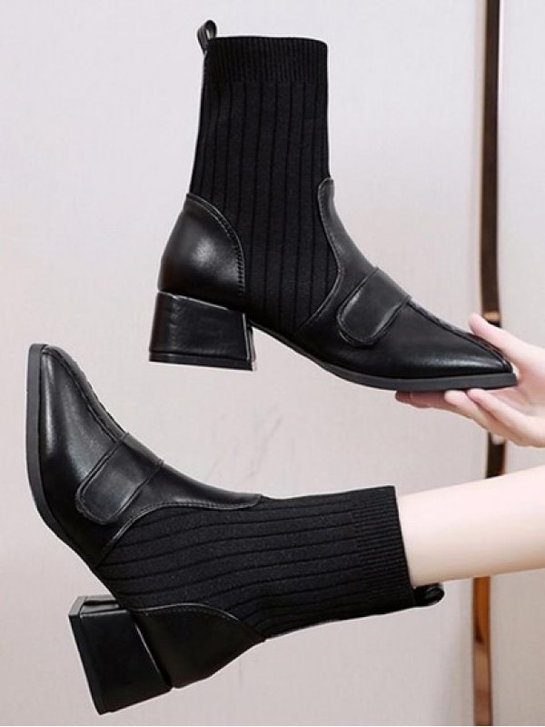 PU Knit Insert Pointed Toe Chunky Heeled Sock Style Boots