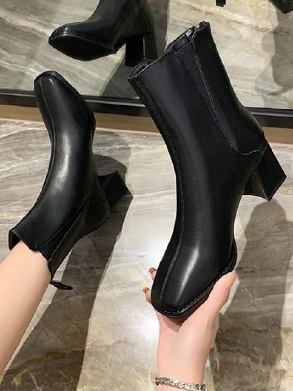 Back Zip Chunky Heel Ankle Boots