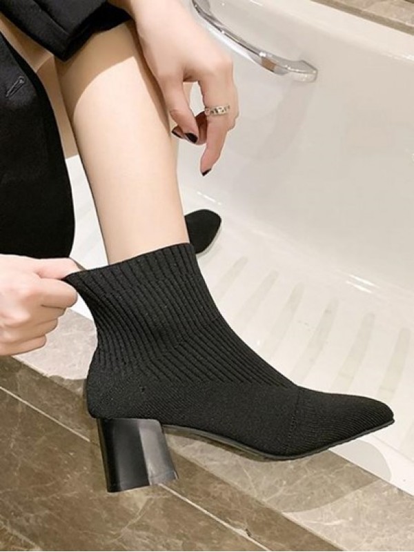 Chunky Heel Square Toe Knit Sock Boots