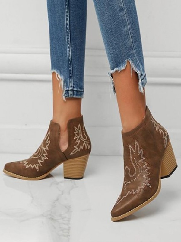 Chunky Heel V Cut Embroidered Western Ankle Boots