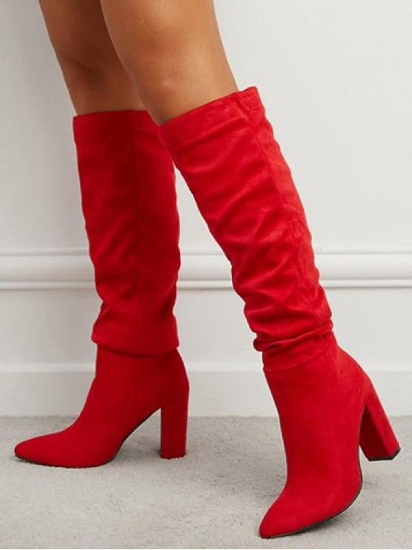 Suedette Chunky Heel Ruched Mid Calf Boots