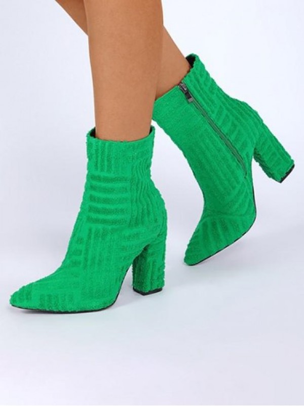 Terry Cloth Chunky Heel Pointed Toe Boots