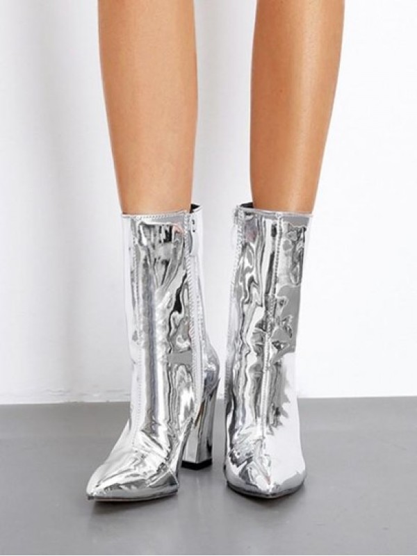 Patent Leather Chunky Heel Pointed Toe Boots