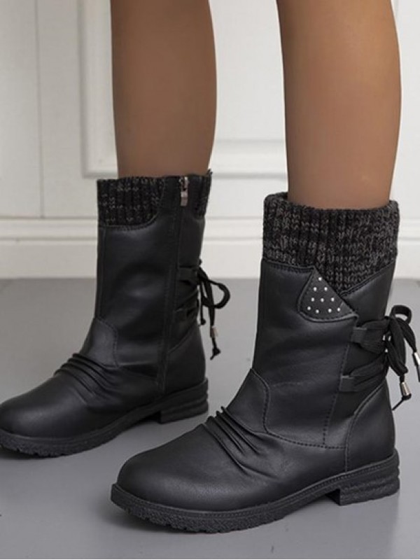 Retro Knitted Spliced Design Back Lace-up Fleece-lined Calf Boots