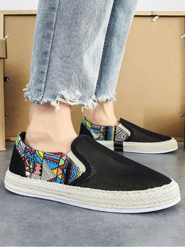 Slip-On Graphic Print Mesh And Straw Decor Shoes