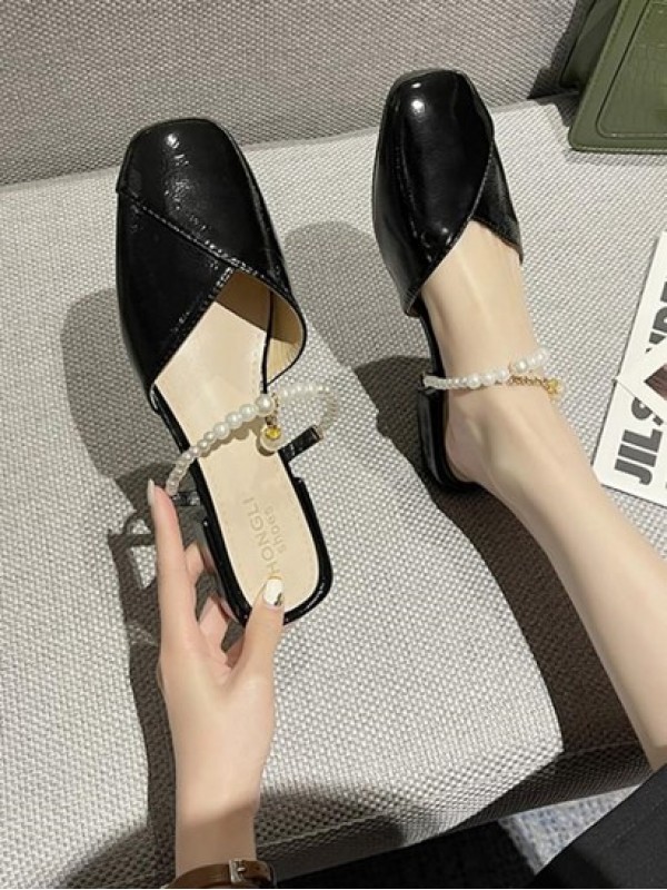 Square Toe Faux Pearl Strap Slide Sandals