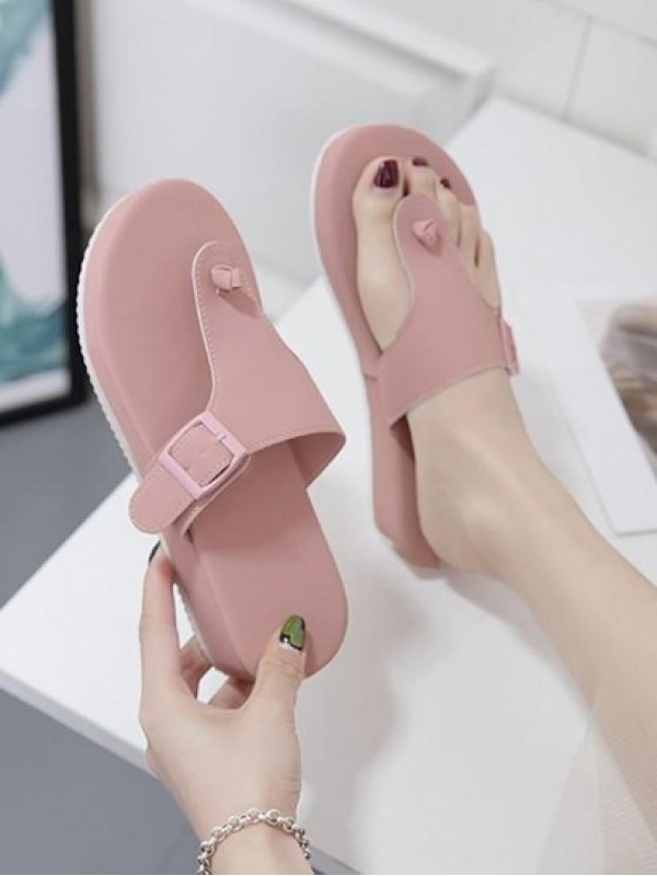 Thick Sole Buckle Belt T-Strap Slippers