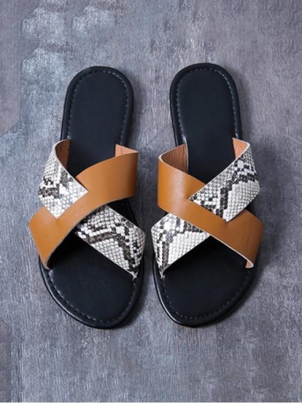 Leopard Print Cross Design Flat Sandals