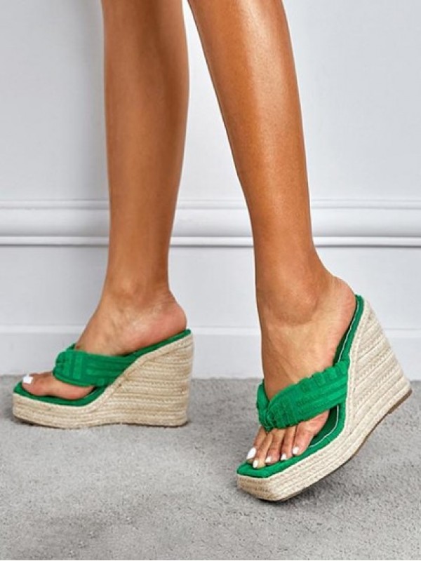 Toweling Wedge Espadrille Thong Sandals