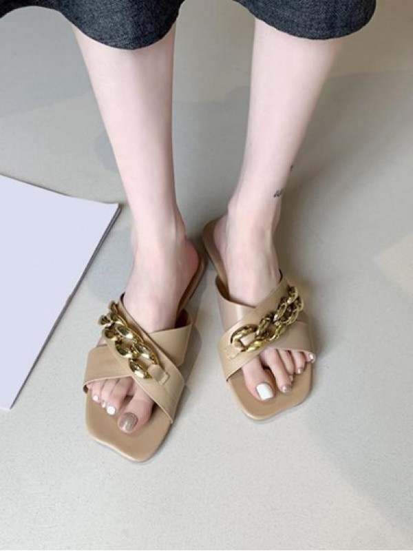 Square Toe Chain Cross Strap Slippers