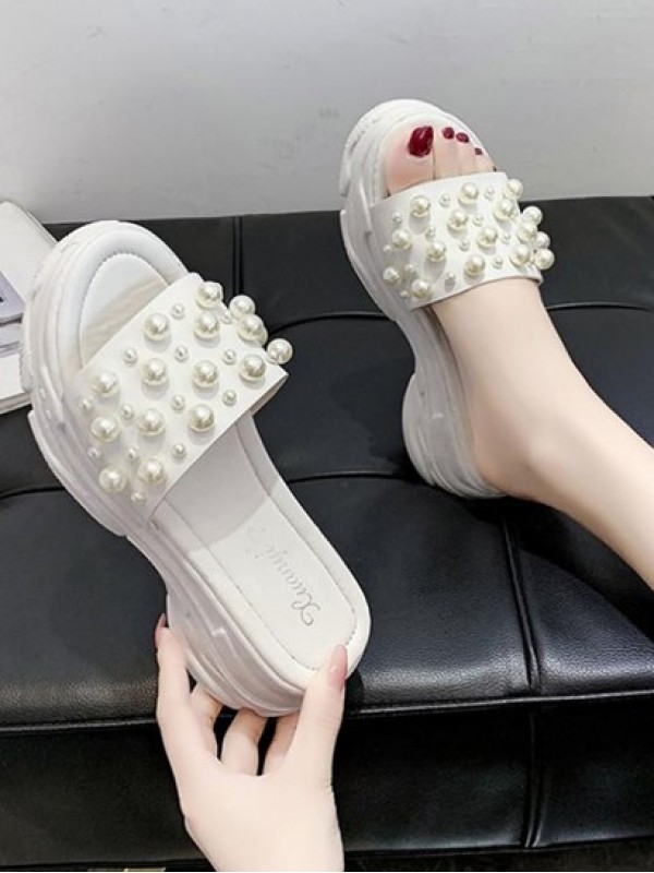 Faux Pearl Sporty Platform Slippers