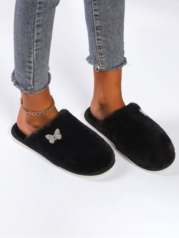 Fluffy Butterfly Applique Closed Toe Slippers