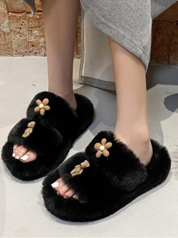 Fluffy Floral Bear Patched Open Toe Slippers