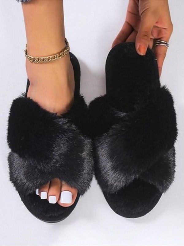 Criss Cross Fluffy Open Toe Slippers