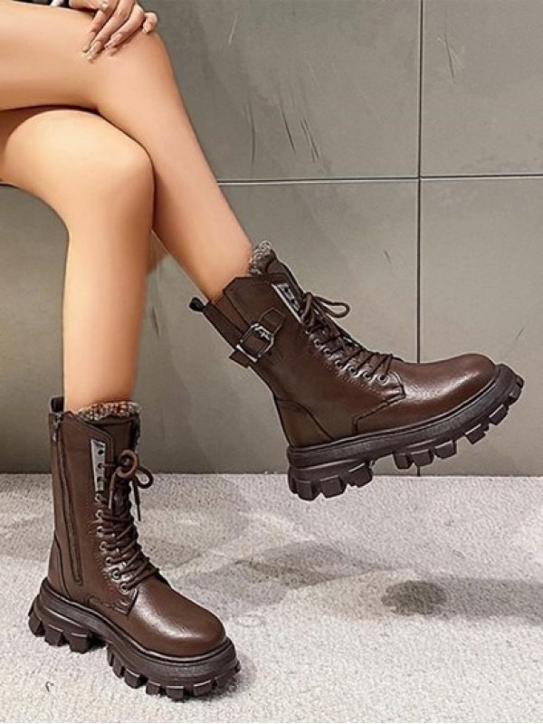 Buckle Back Lace Up Zipper Side Chunky Combat Boots