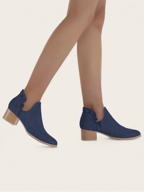 Chunky Heel Pointed Toe V Cut Ruffle Boots