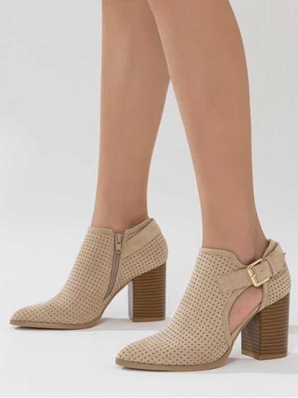 Chunky Heel Hollow Out Buckle Boots