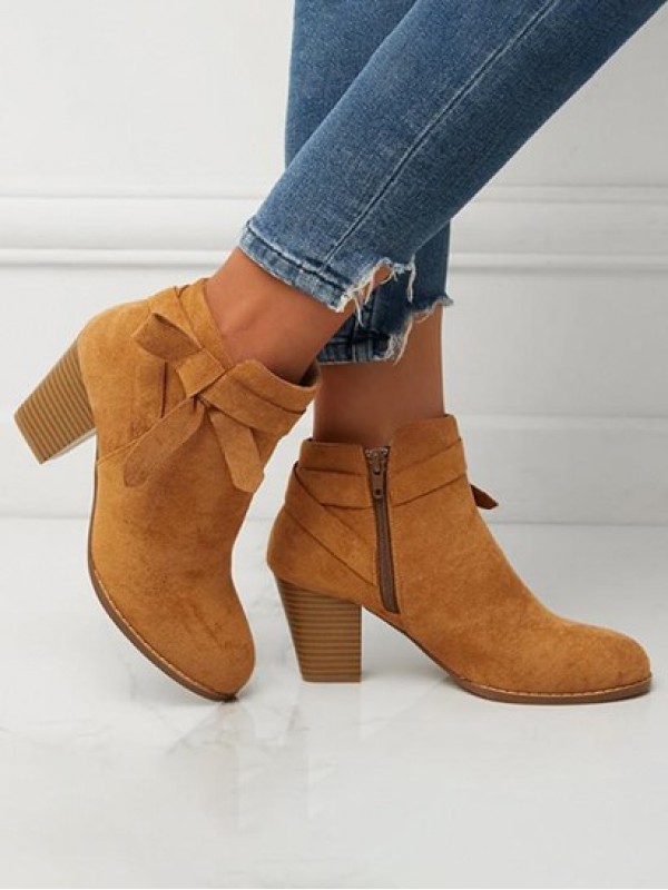 Faux Suede Bow Decor Chunky Heel Ankle Boots