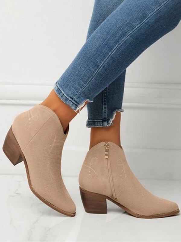 Faux Suede Topstitching Detail Chunky Heel Ankle Boots