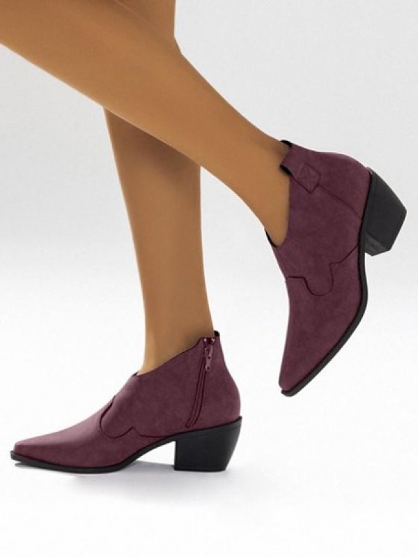 Chunky Heel Pointed Toe V Cut Ankle Boots