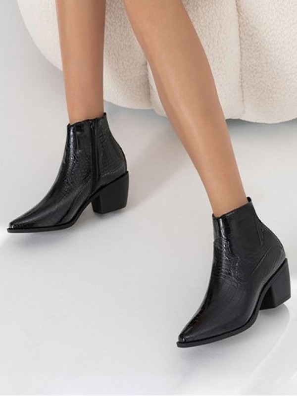 Chunky Heel Embossed Pointed Toe Ankle Boots