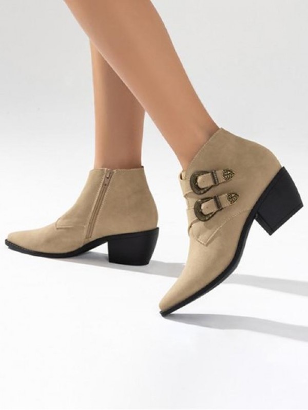 Faux Suede Buckle Decor Chunky Heel Ankle Boots