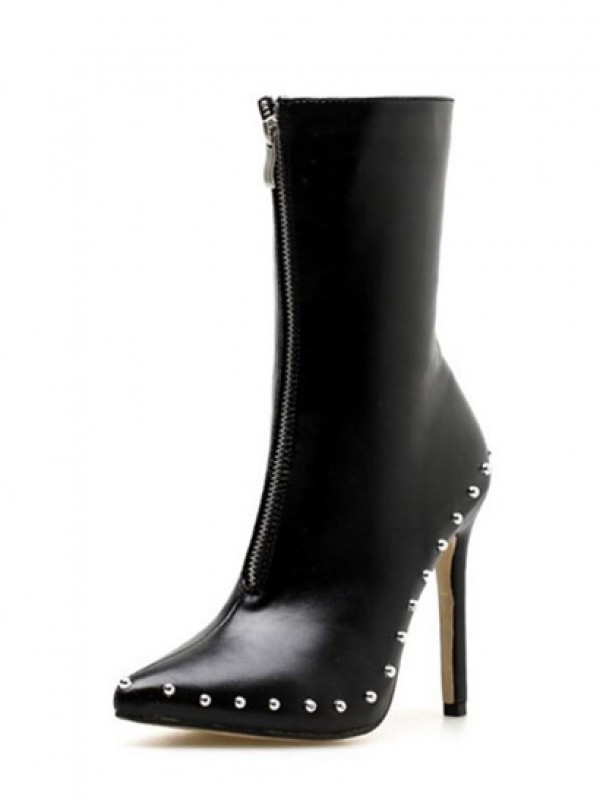 Zip Front Studded Stiletto Heel Boots