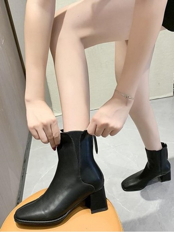 Back Zip Chunky Heel Ankle Boots