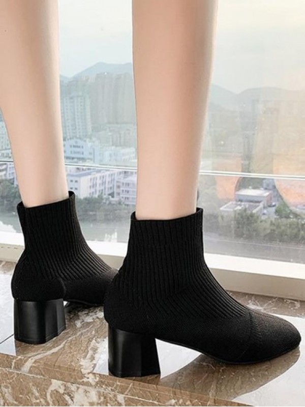 Chunky Heel Square Toe Knit Sock Boots