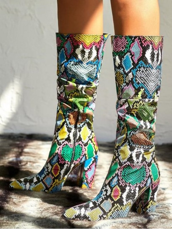 Colorful Snake Print Ruched Chunky Heel Mid-calf Boots