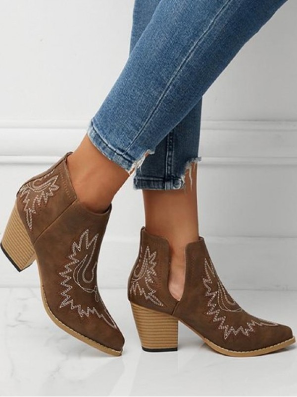 Chunky Heel V Cut Embroidered Western Ankle Boots