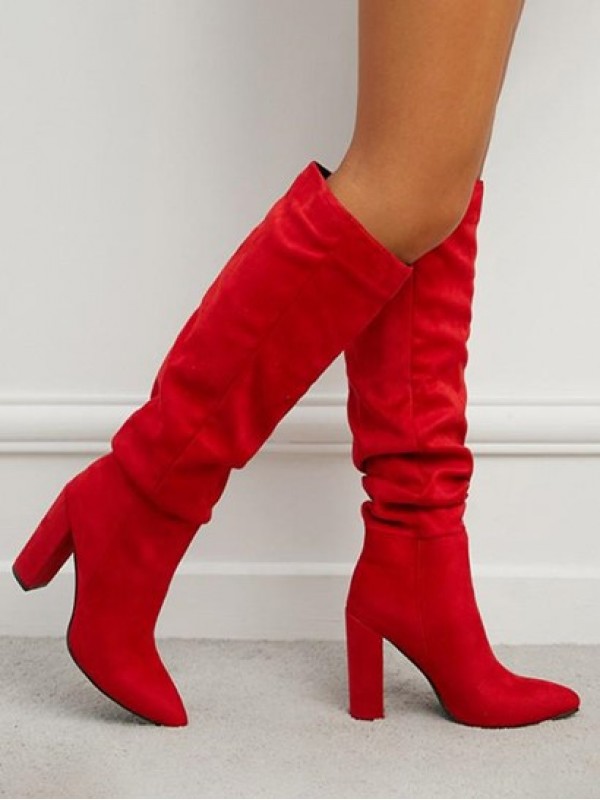 Suedette Chunky Heel Ruched Mid Calf Boots