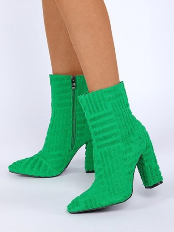 Terry Cloth Chunky Heel Pointed Toe Boots